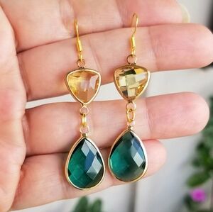 14k Gold Emerald & Citrine Earrings, Emerald Dangle Earrings, Emerald Earrings